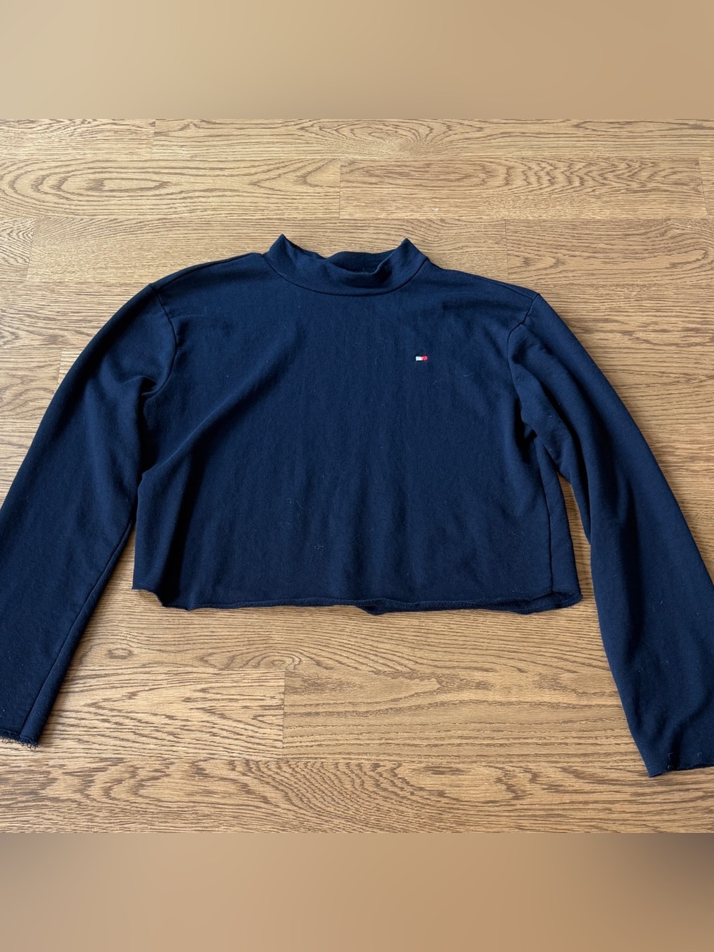 Tommy Hilfiger Navy Mock Neck Cropped Long Sleeve Top